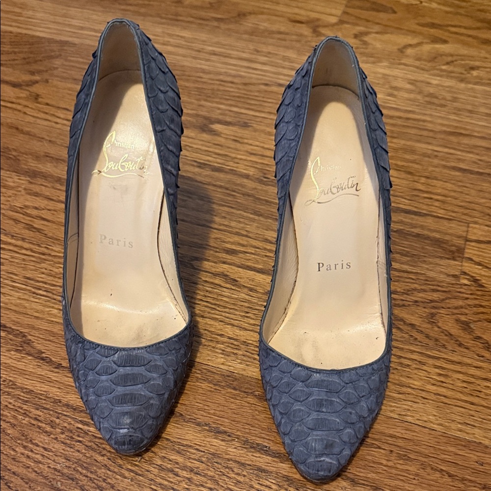 Christian Louboutin Blue Snakeskin-Texture Pointed-Toe Pumps